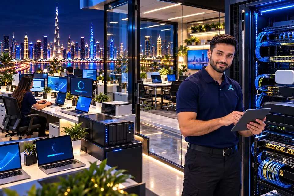An Azizi Technologies engineer checking a Dubai office on a tablet: the helpdesk, laptops taking updates, a backup NAS and the network rack, all covered by one maintenance contract