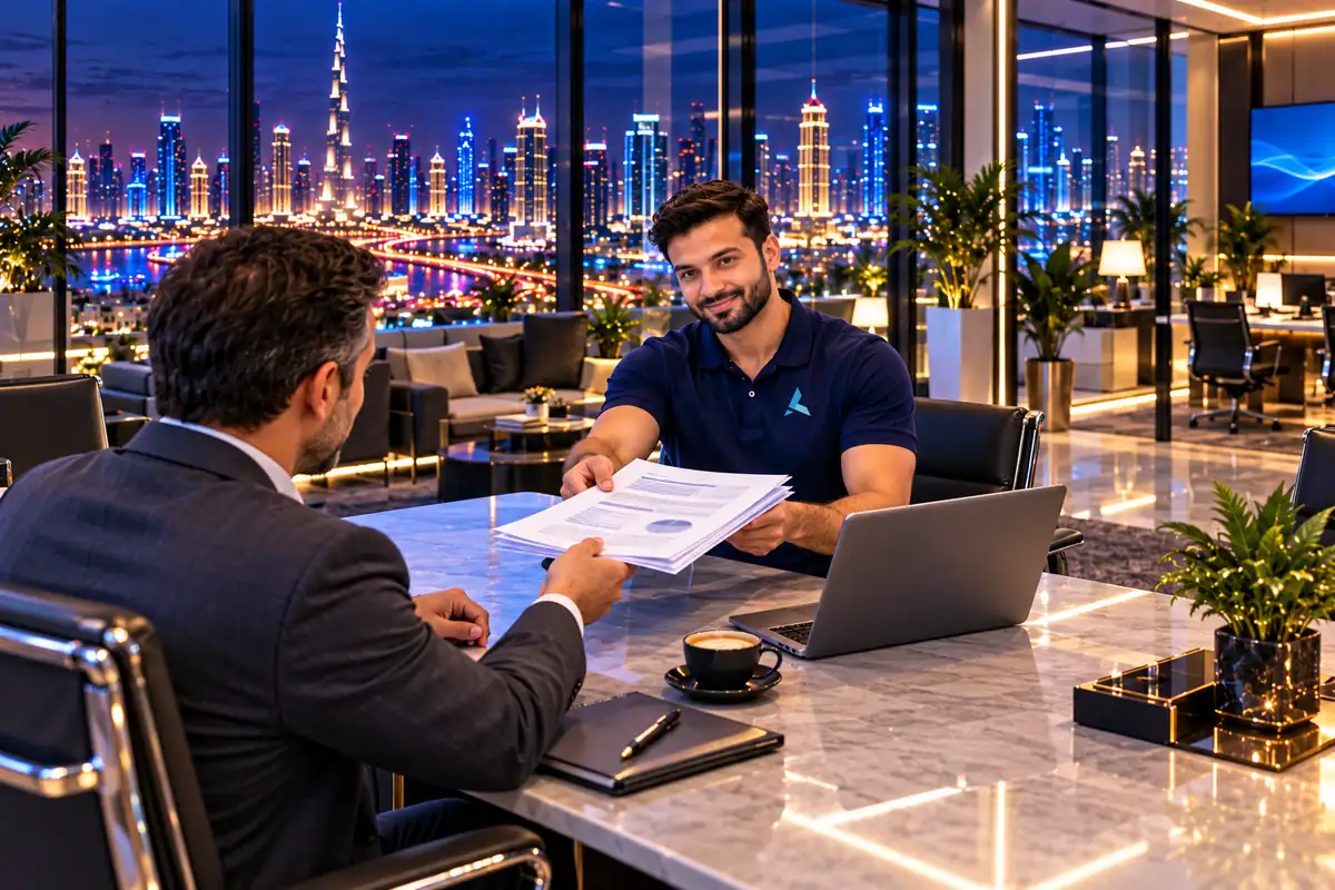 An Azizi Technologies engineer handing a Dubai business owner the printed report of a free IT estate review across a meeting table