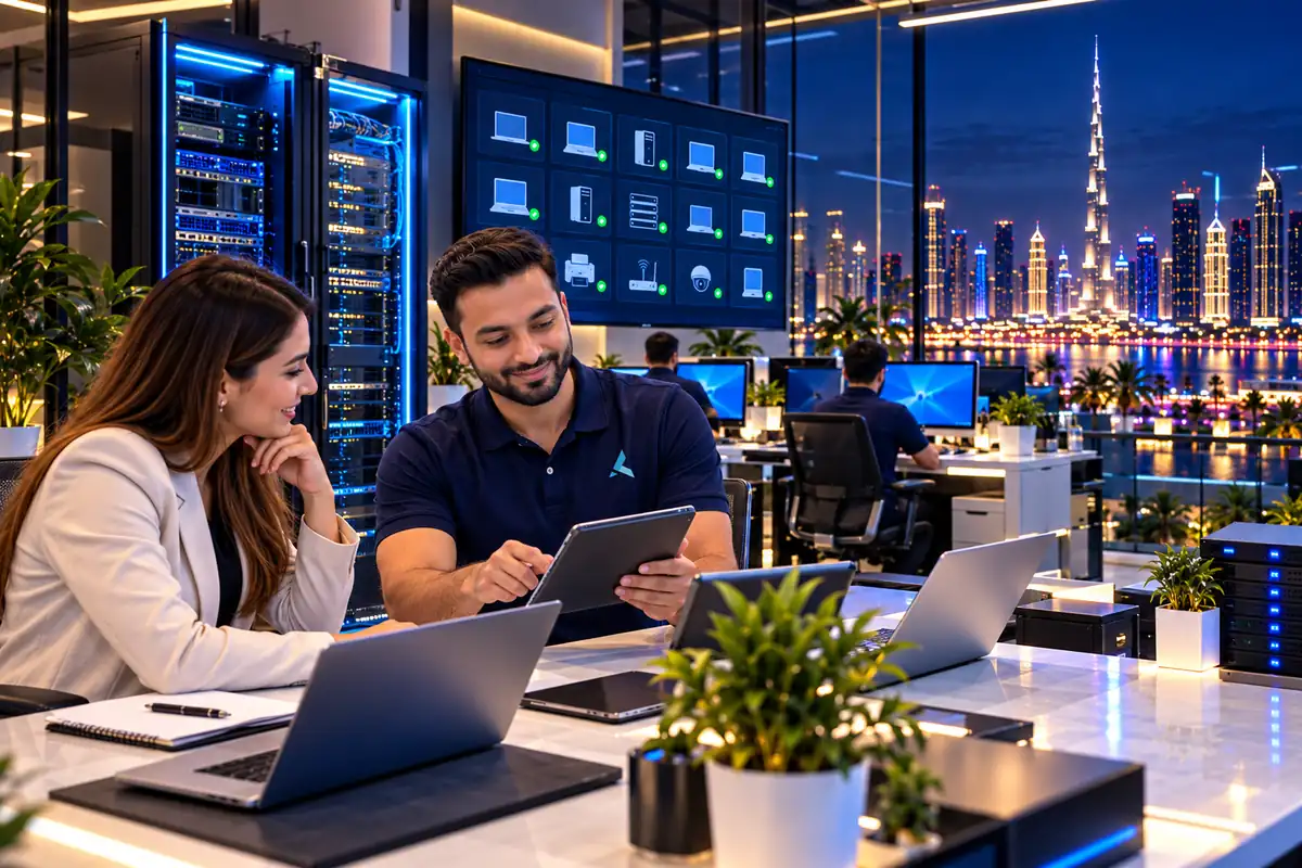 An Azizi Technologies engineer and an office manager going through a one-page IT maintenance contract on a tablet in a Dubai office, with the server rack and a wall screen of monitored devices behind them