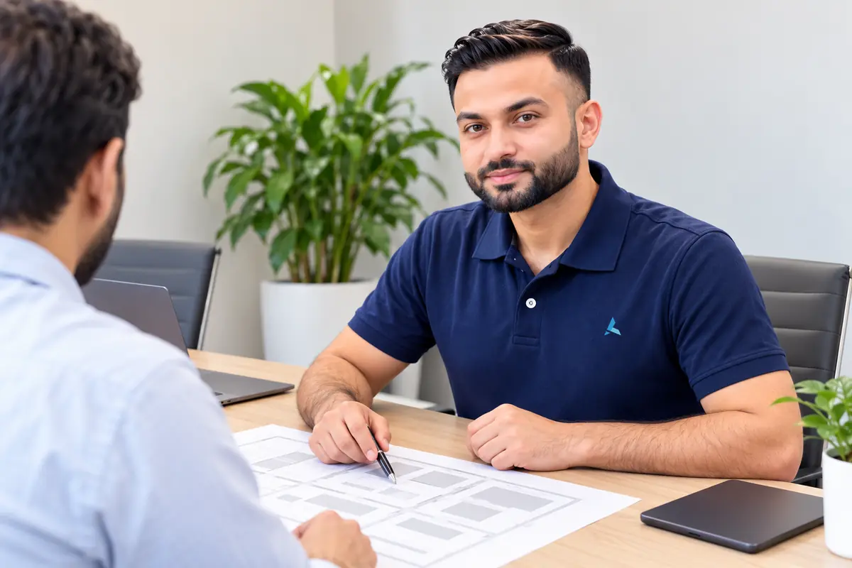 Aziz across a meeting table from a client with a printed plan between them