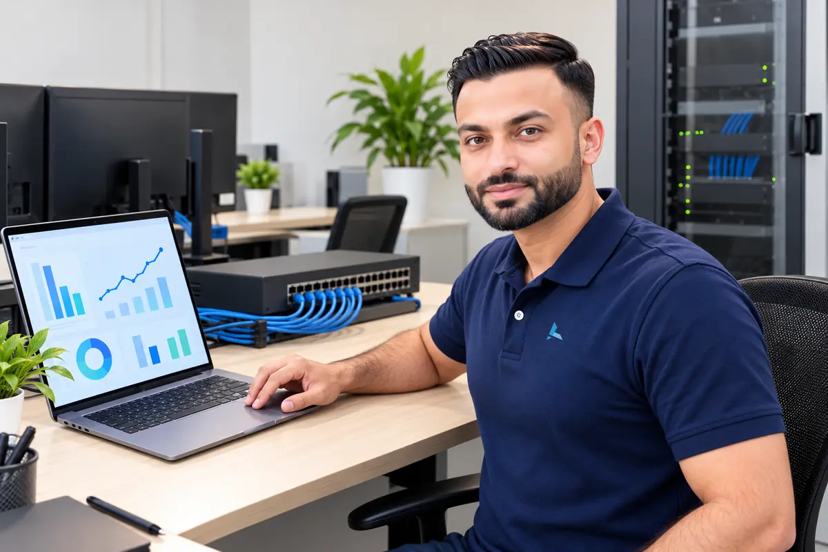 Aziz at a desk with a laptop showing an analytics dashboard, a network switch and a server cabinet behind him