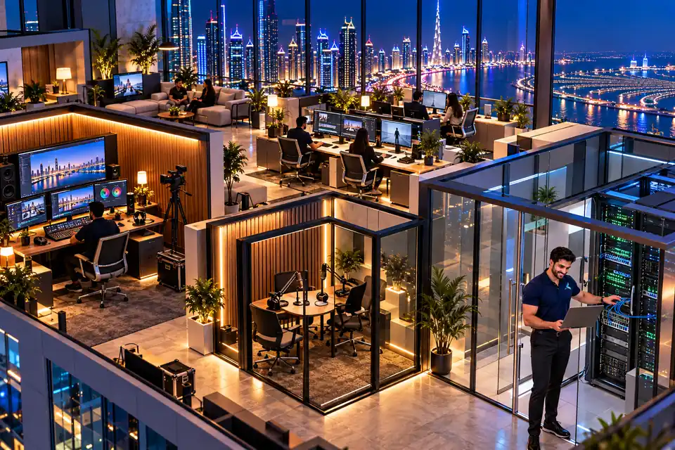 Isometric cutaway of a Dubai Media City media company floor with an edit suite, a podcast booth and open desks, and an Azizi Technologies engineer at the server room rack