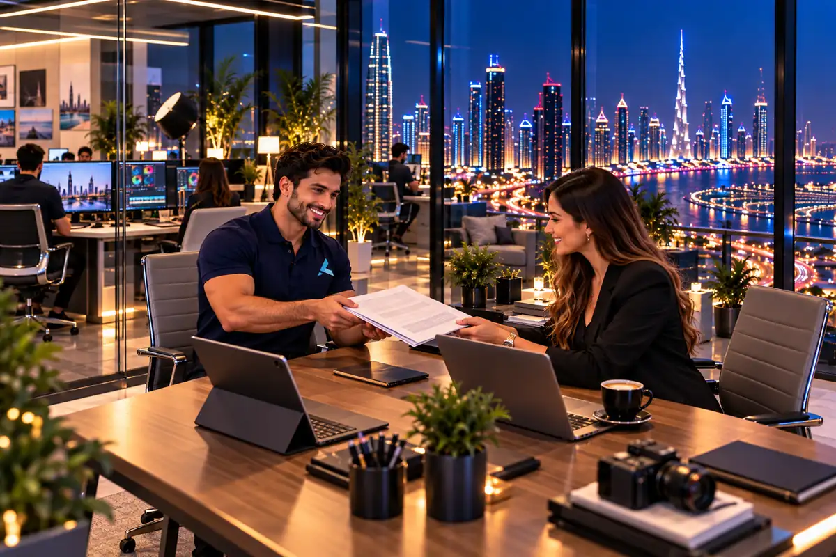 An Azizi Technologies engineer handing a Media City agency owner the printed report of a free IT assessment across a meeting table