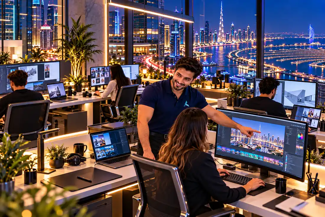 An Azizi Technologies engineer helping a designer at a Dubai Media City creative agency, with the Palm and the Marina lit up outside