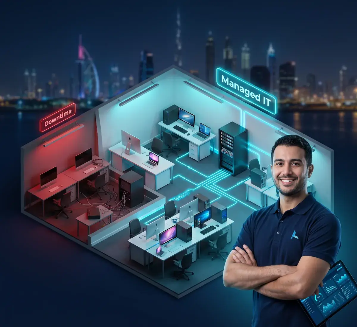 Azizi Technologies engineer supporting a mixed Mac and PC creative agency fleet at Concord Tower, Dubai Media City