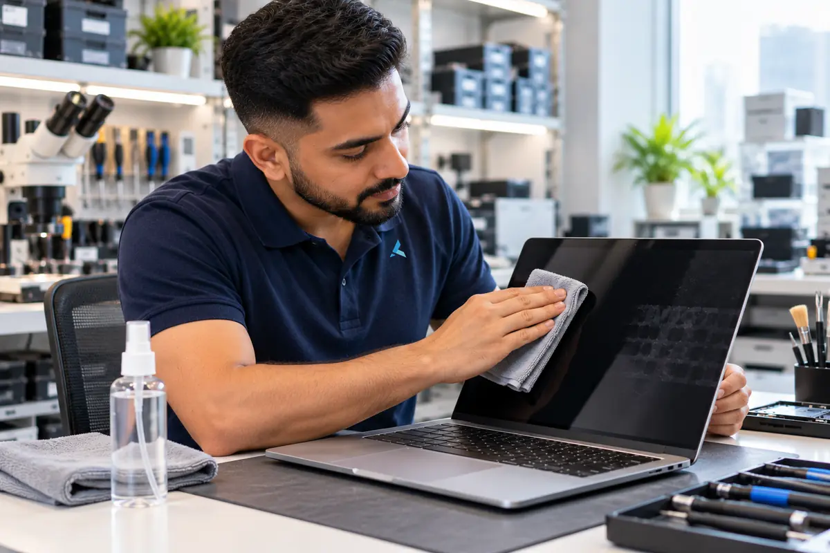 An Azizi technician wiping keyboard marks off a laptop screen with a microfibre cloth