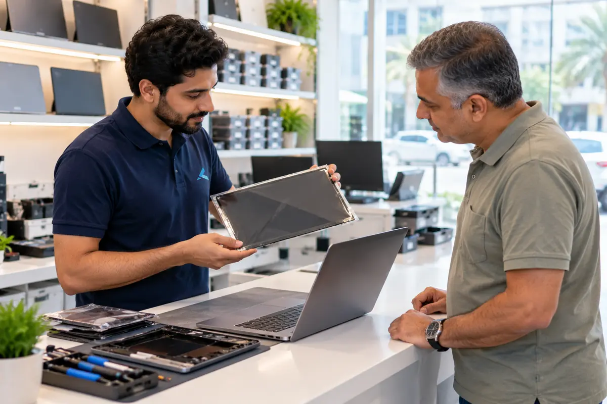 A technician showing a customer a new replacement laptop display at the walk-in counter