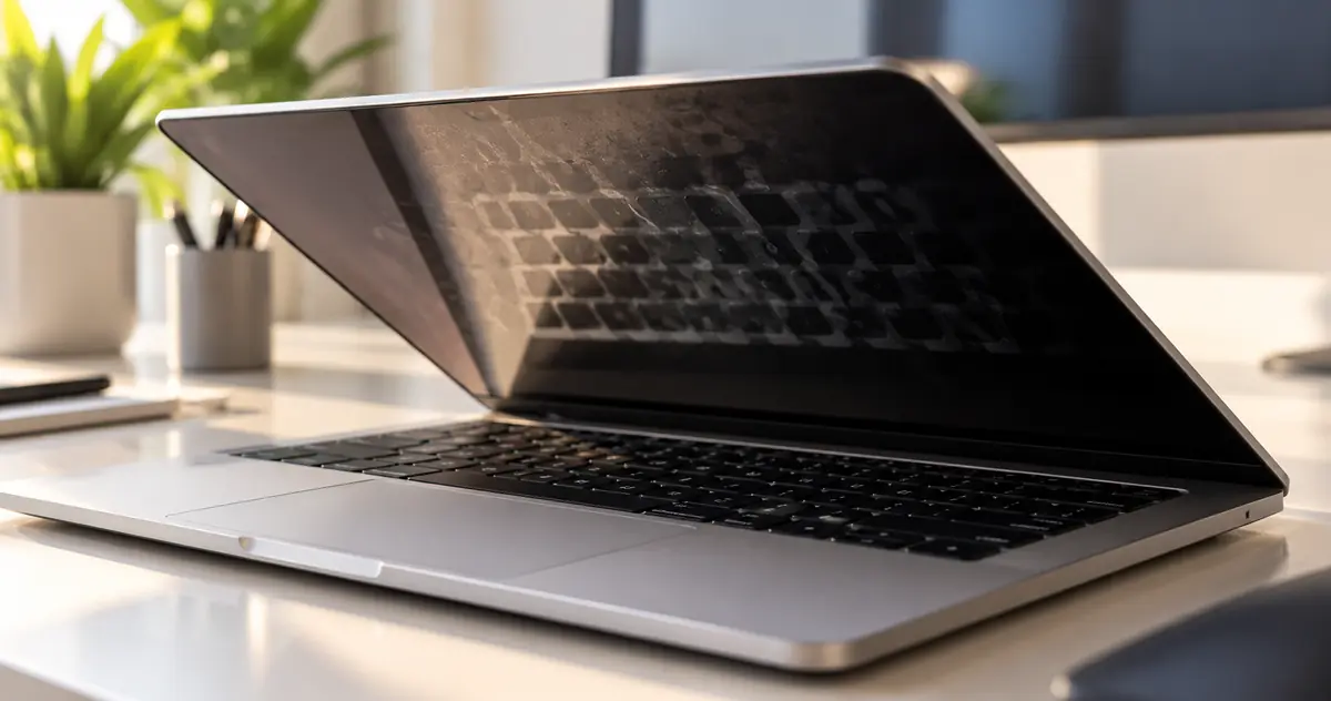 A laptop lid nearly closed, with faint key-shaped marks visible on the dark screen