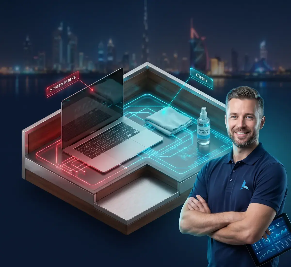 Isometric cutaway of a MacBook display marked by keyboard imprints beside cleaning materials at an Azizi Technologies Dubai workshop