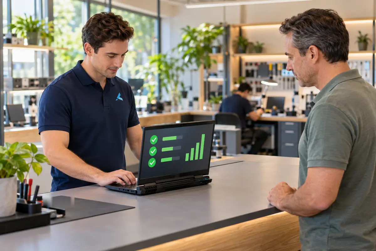 Azizi technician running a free laptop diagnosis for a customer at the Dubai walk-in counter
