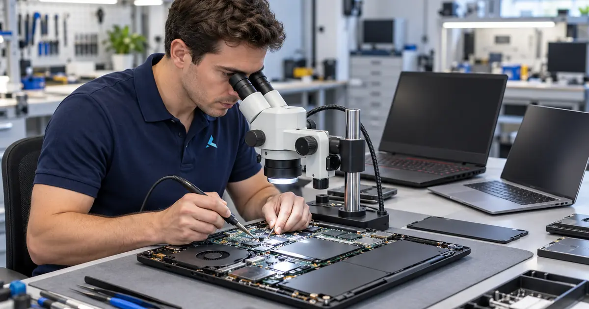 Azizi technician soldering on a laptop motherboard under a stereo microscope, other laptops waiting on the bench