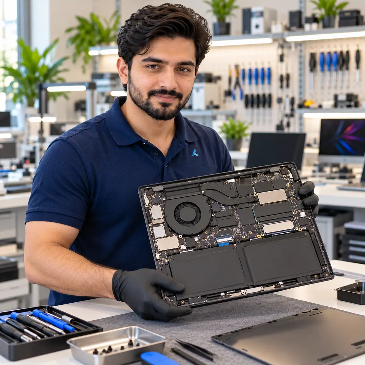 Laptop repair in Dubai: Azizi technician holding up an opened Windows laptop at the bench