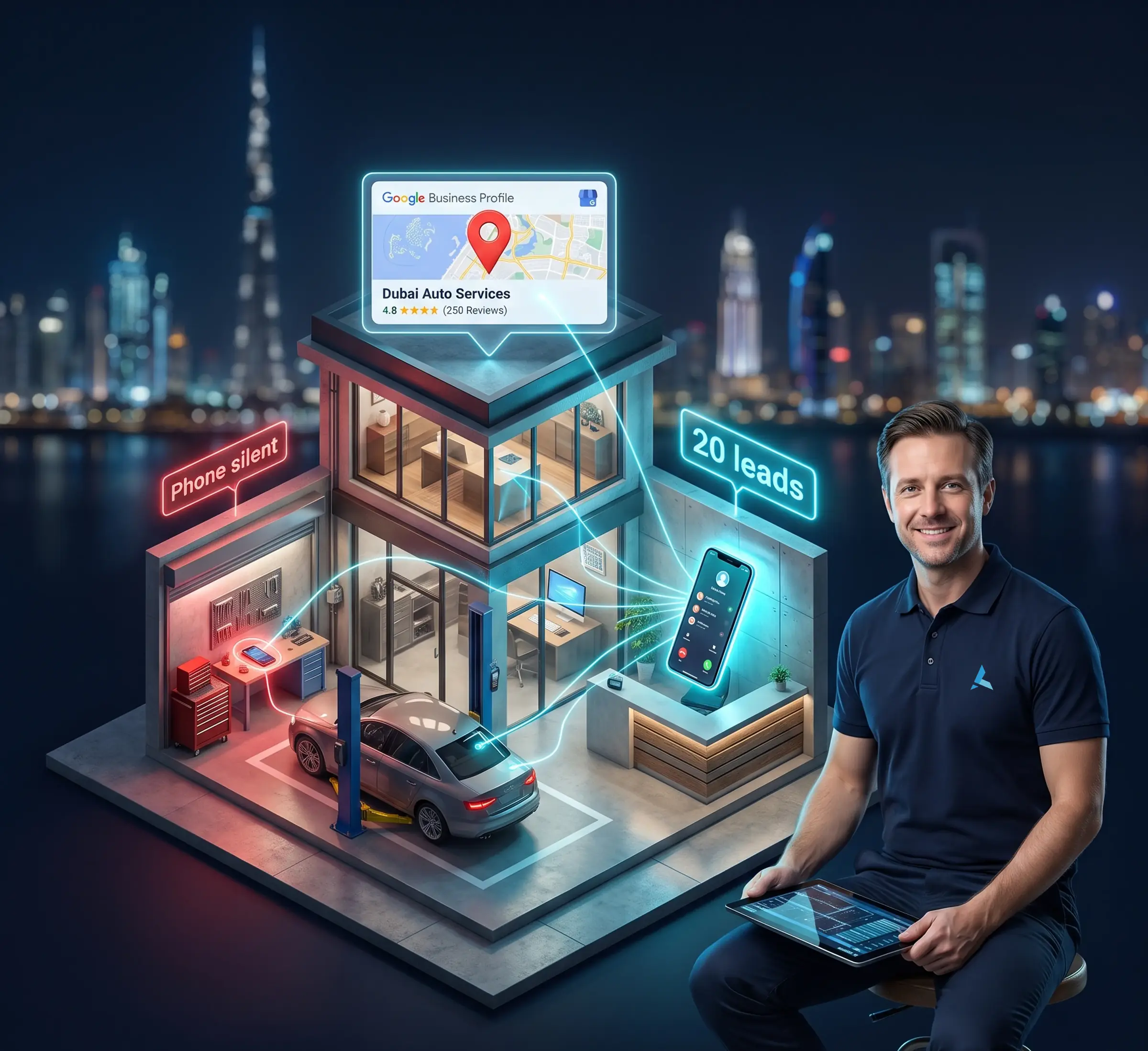 Isometric cutaway of a Dubai garage running the Azizi Technologies Lead Engine, phone lighting up with calls under a Google Business Profile panel and map pin