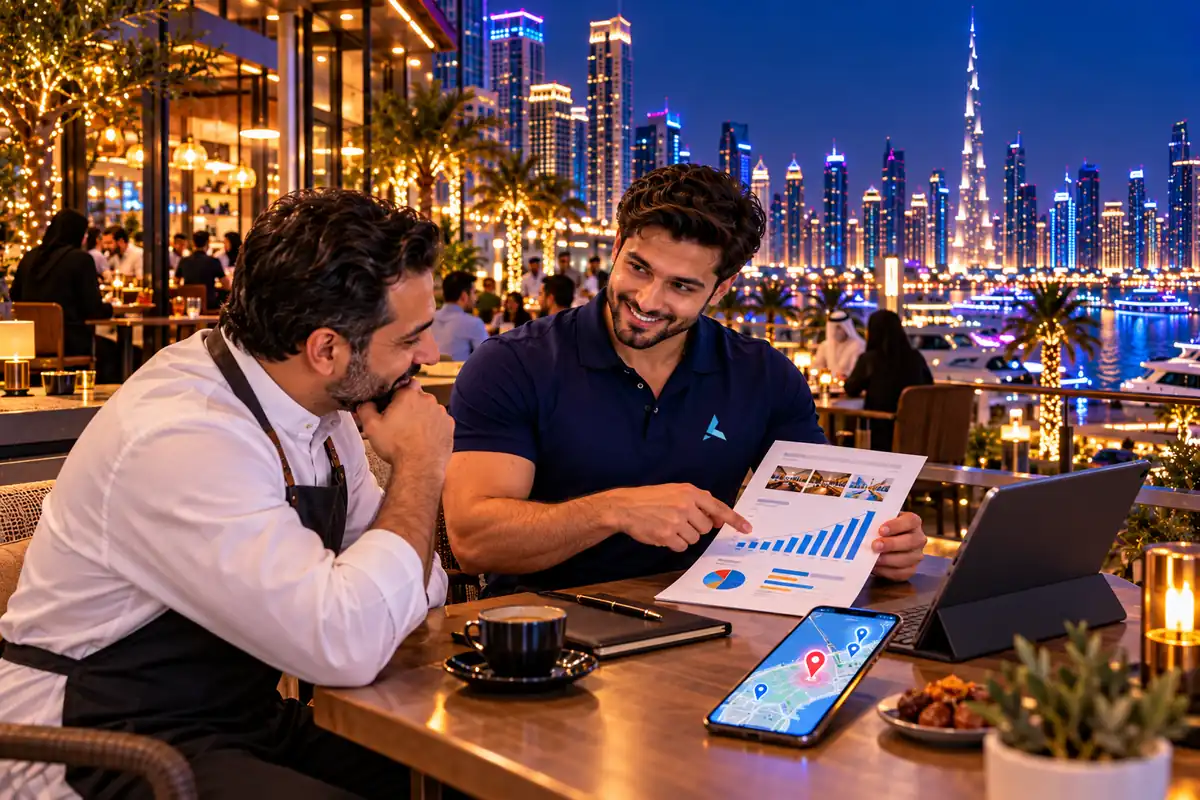 An Azizi Technologies digital marketer going through a free local search audit with a Dubai cafe owner at his own table, the shop's map pin on the phone between them