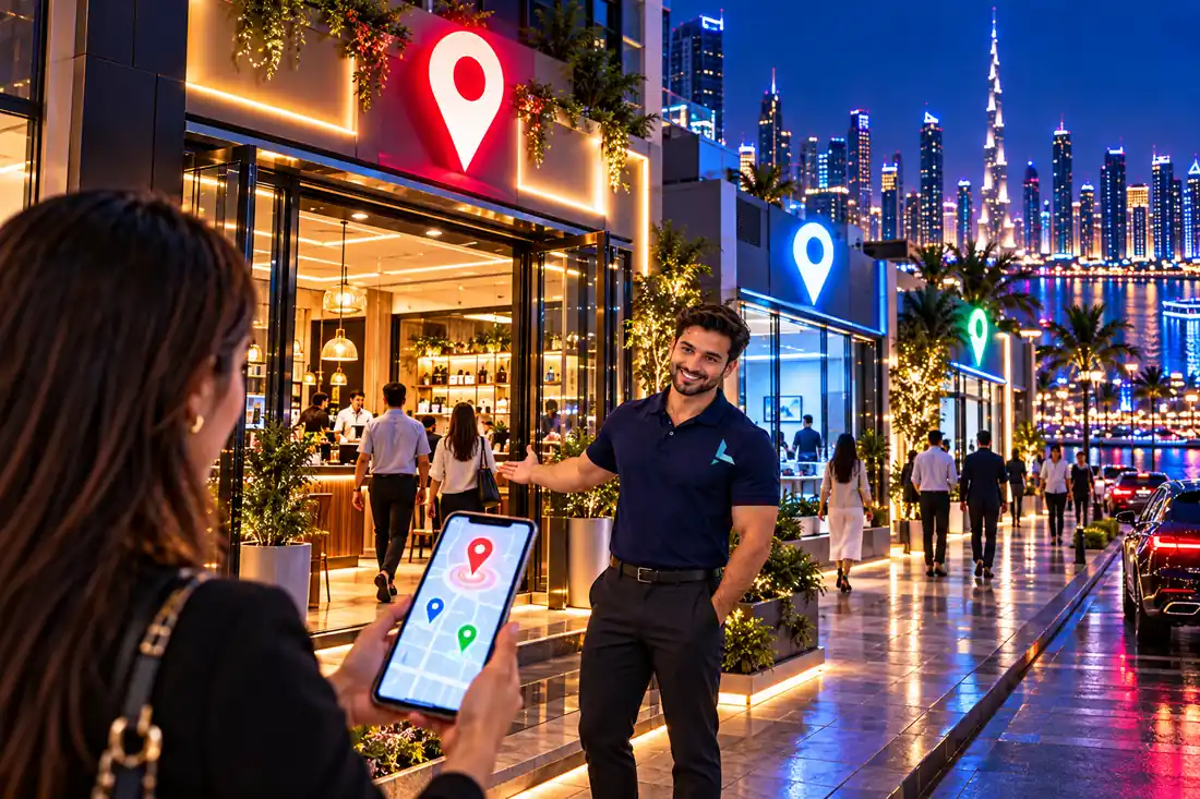 A customer finding a shop on her phone map while an Azizi Technologies digital marketer stands at its busy entrance, the top result in the local map pack