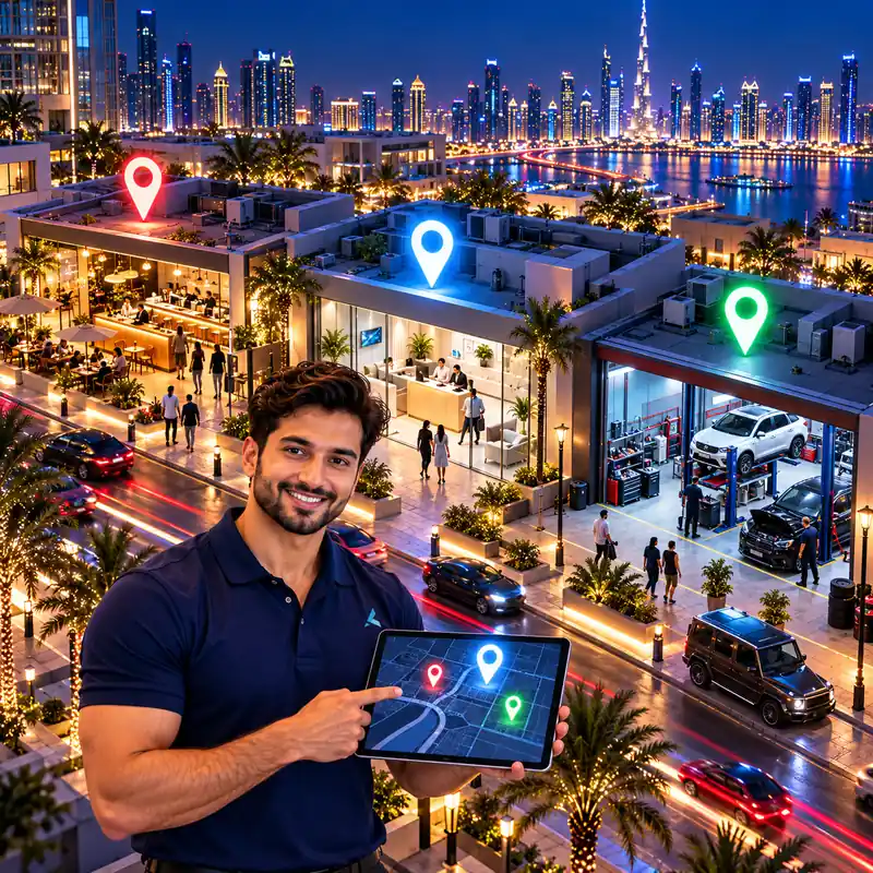 Isometric cutaway of a Dubai street at night with a cafe, a clinic and a garage each marked by a map pin, and an Azizi Technologies digital marketer showing their map rankings on a tablet