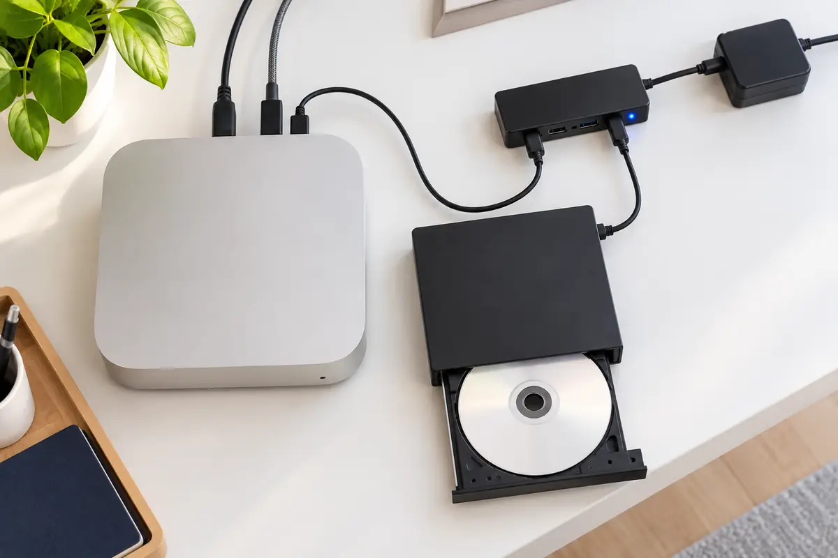 Mac mini with an external USB CD drive powered through a hub, the most common fix when a Mac cannot see the drive