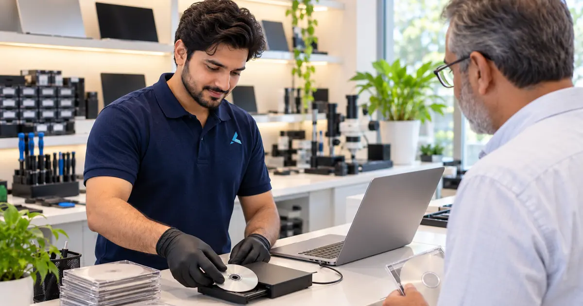 Azizi technician in Dubai copying a customer's old CDs on an external drive at the walk-in counter