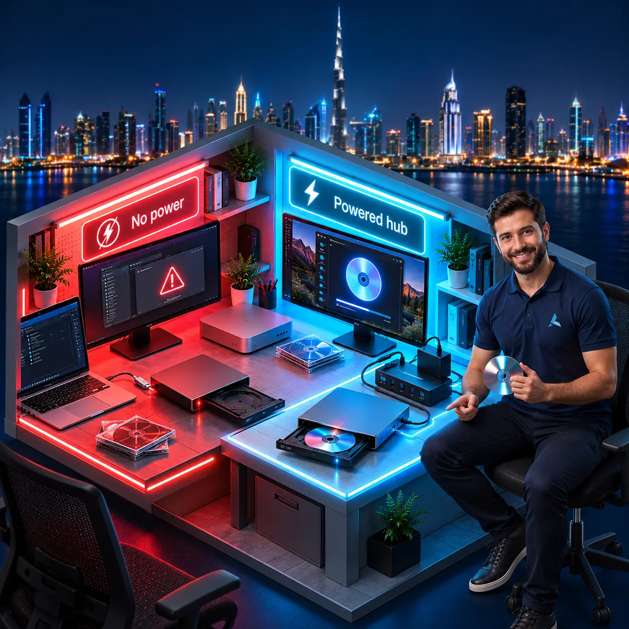 Isometric cutaway of an external CD drive on a Mac: on the red side it hangs off a single USB-C adapter with no power, on the cyan side it runs from a powered USB hub and the disc shows on screen, with an Azizi Technologies engineer holding a disc