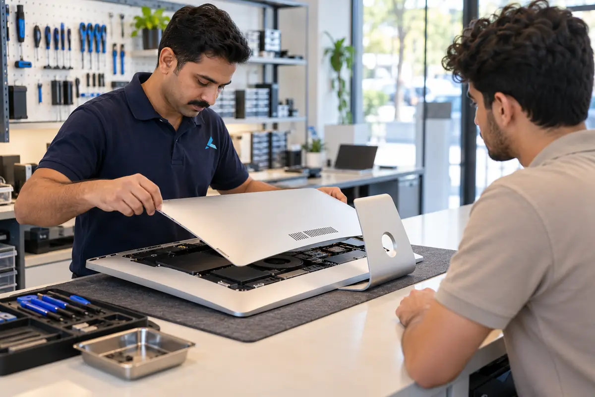 A technician opening the back of an all-in-one desktop at the walk-in counter