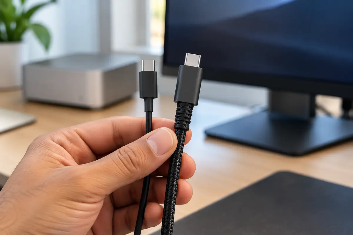 A hand comparing a thin charging cable with a thicker display-rated USB-C cable