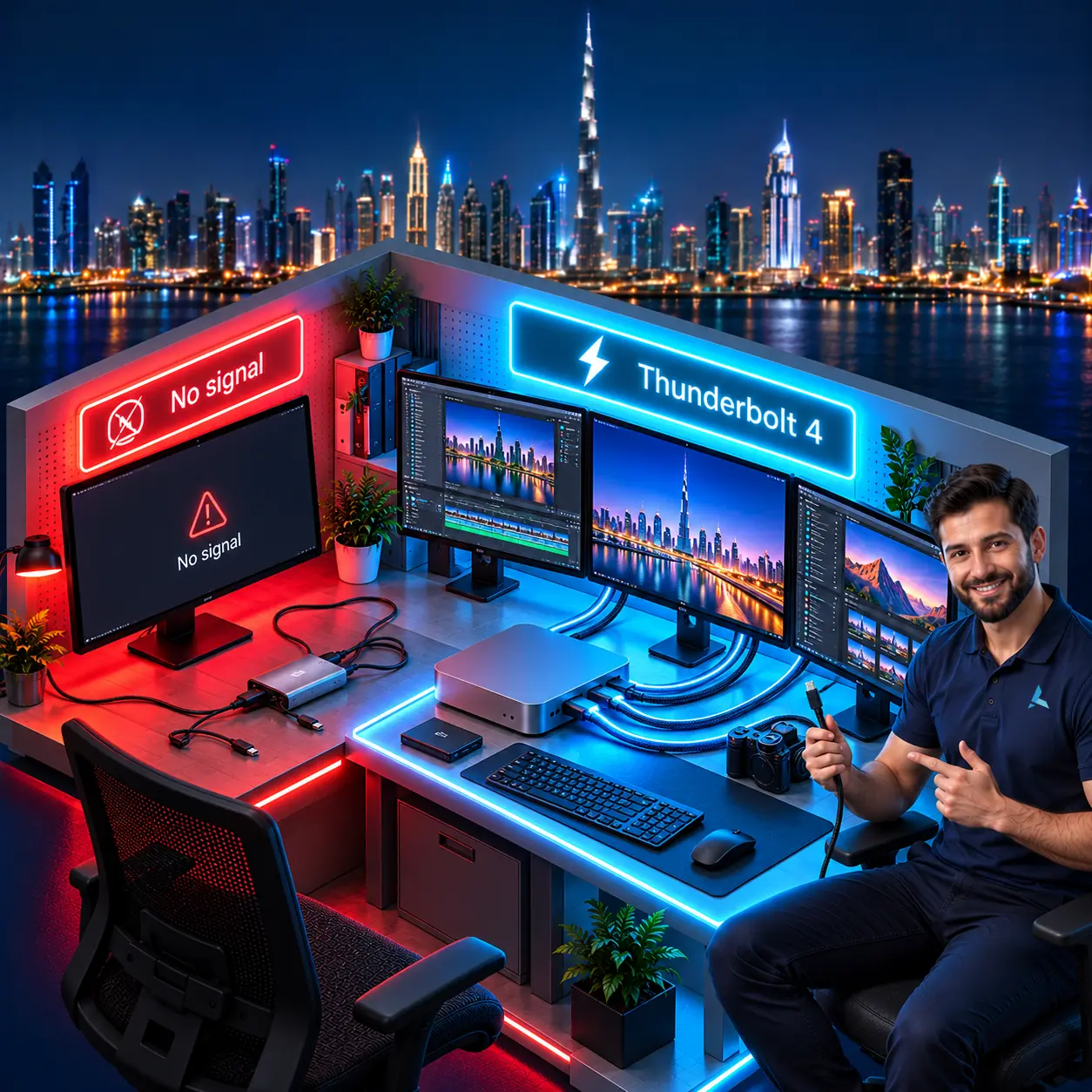 Isometric cutaway of a Mac mini M4 desk: a monitor showing no signal through a charge-only USB-C cable and a generic dongle on the red side, three monitors running from Thunderbolt 4 cables on the cyan side, and an Azizi Technologies engineer holding a Thunderbolt cable