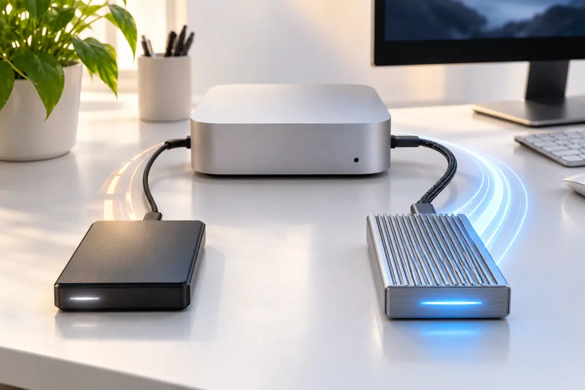 A slow plastic USB enclosure beside a fast Thunderbolt enclosure on the same Mac mini M4