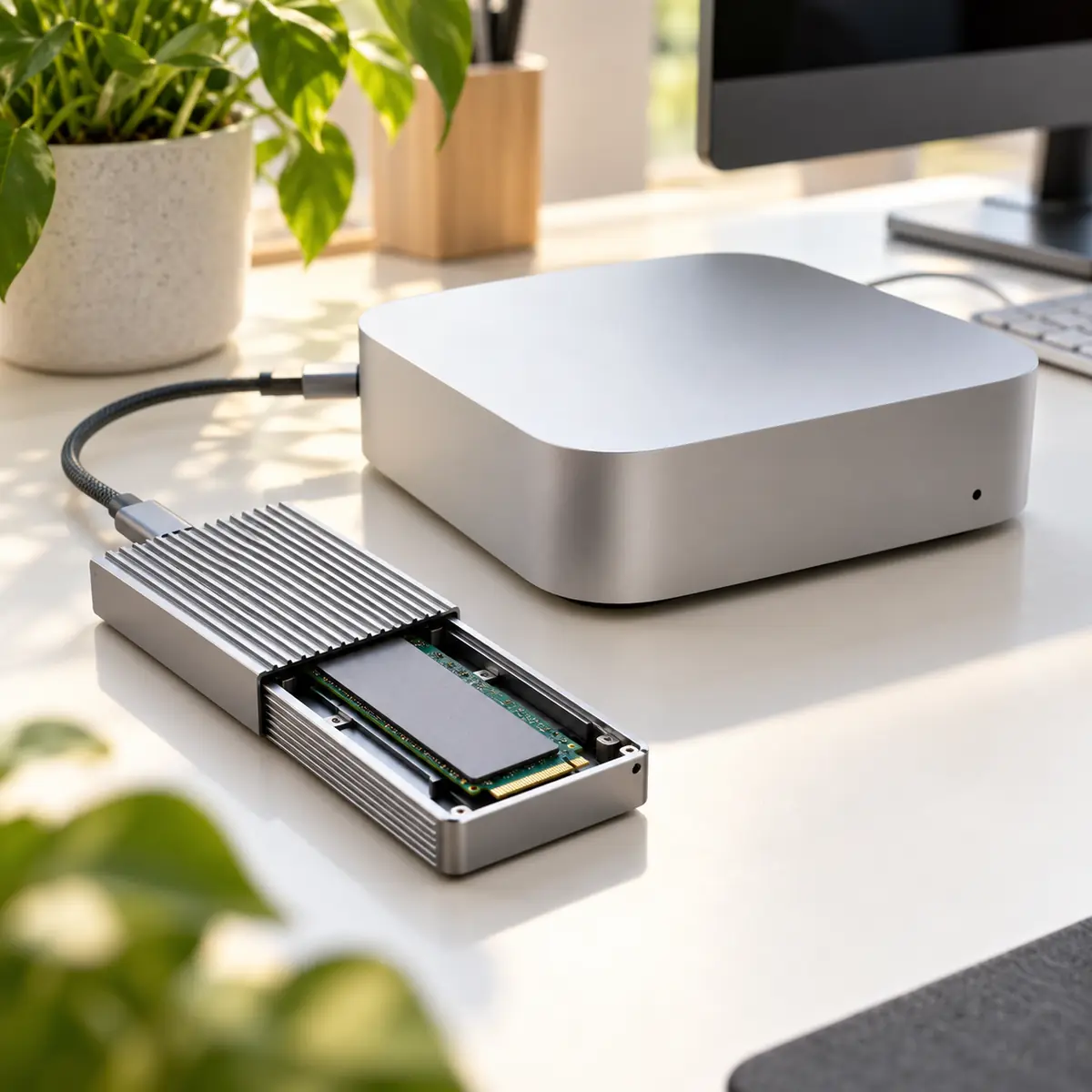 Mac mini M4 with a 2TB NVMe SSD in an aluminium Thunderbolt enclosure