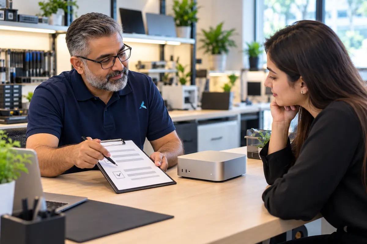 A technician explaining a written quote to a customer beside her compact desktop