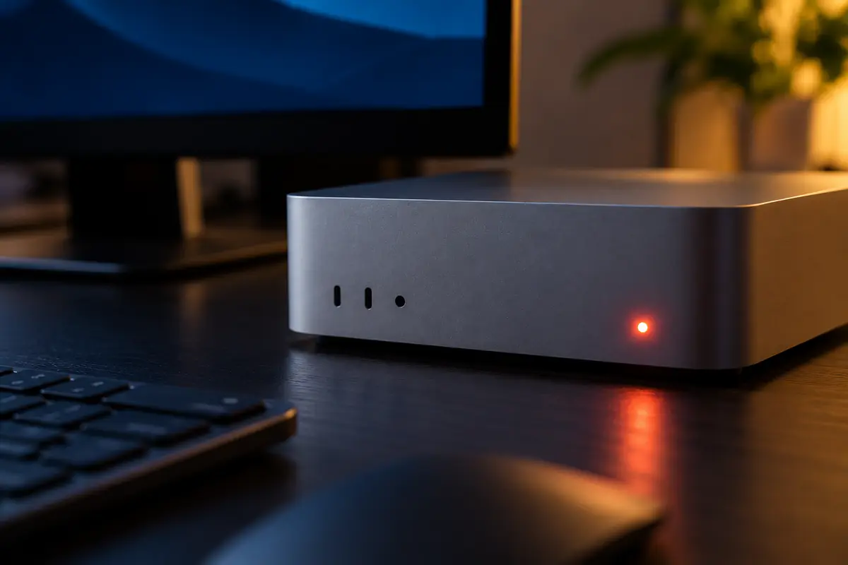 A compact desktop computer with its status light glowing red at night