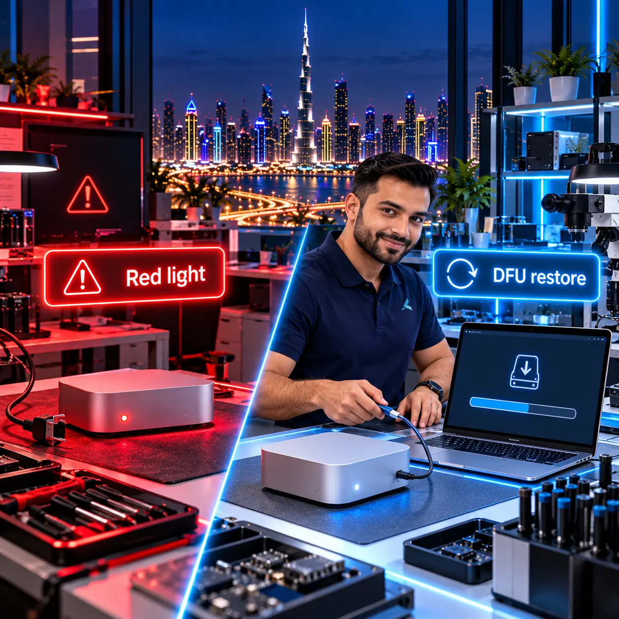 Isometric cutaway of a Mac mini M4 repair bench: the Mac mini with its status light flashing red on one side, and on the other an Azizi Technologies engineer restoring it in DFU mode from a second Mac over one USB-C cable