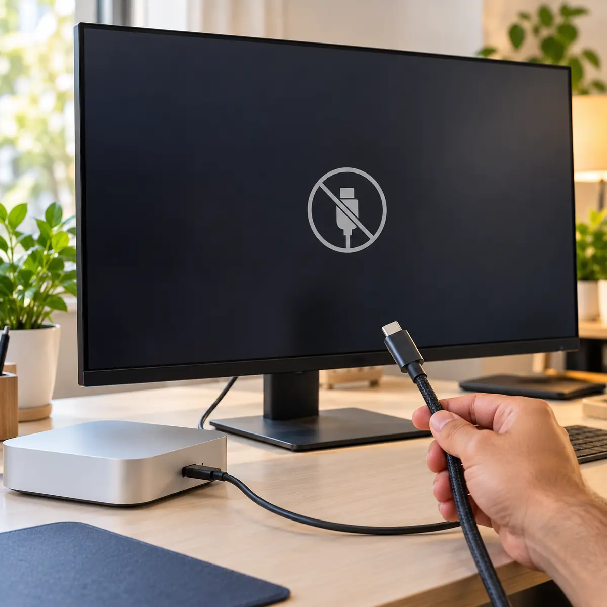 Mac mini M4 showing no signal on a 27-inch USB-C 4K monitor, a video-rated cable ready to swap in
