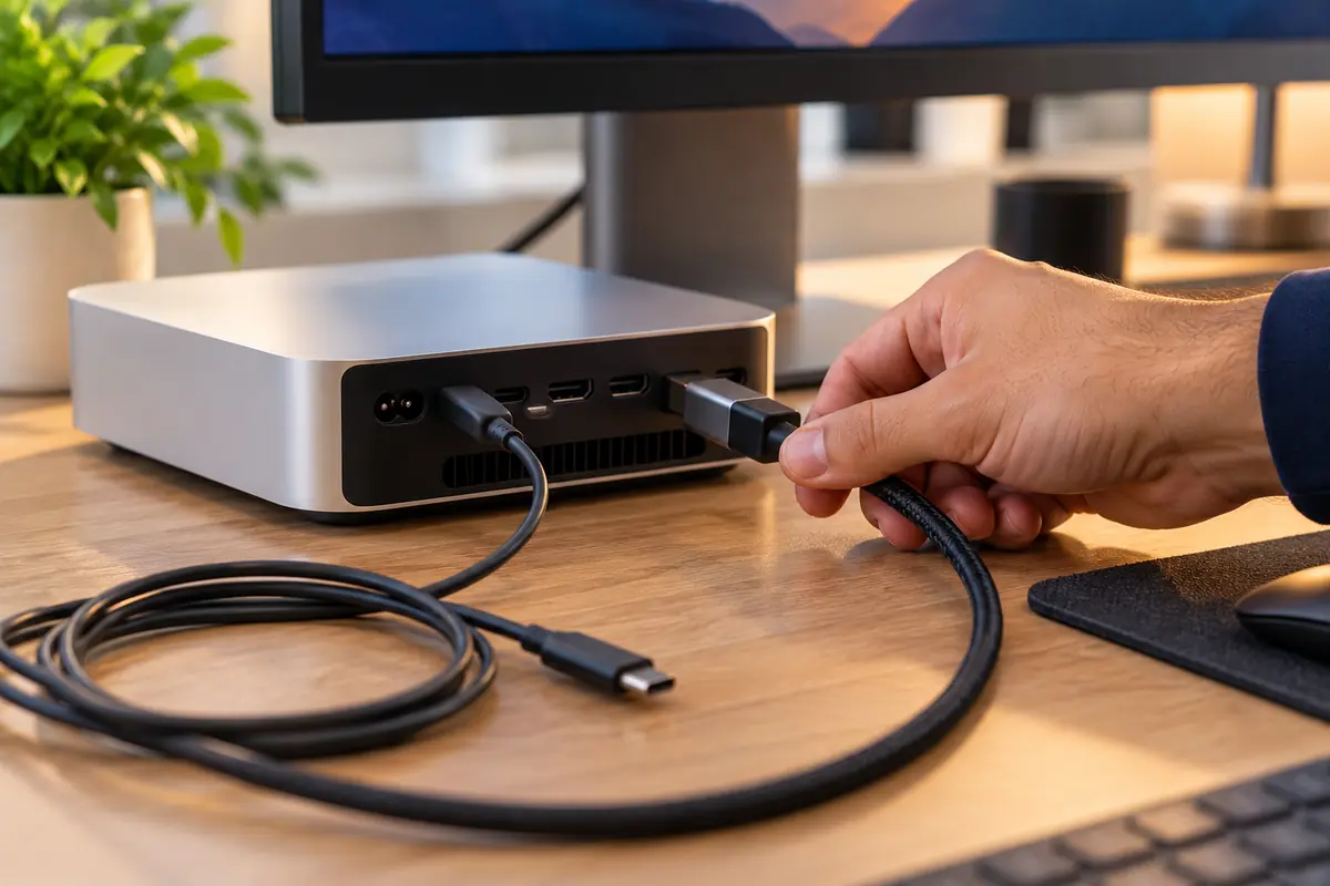 Swapping a thin video cable for a thicker certified one on the back of a Mac mini