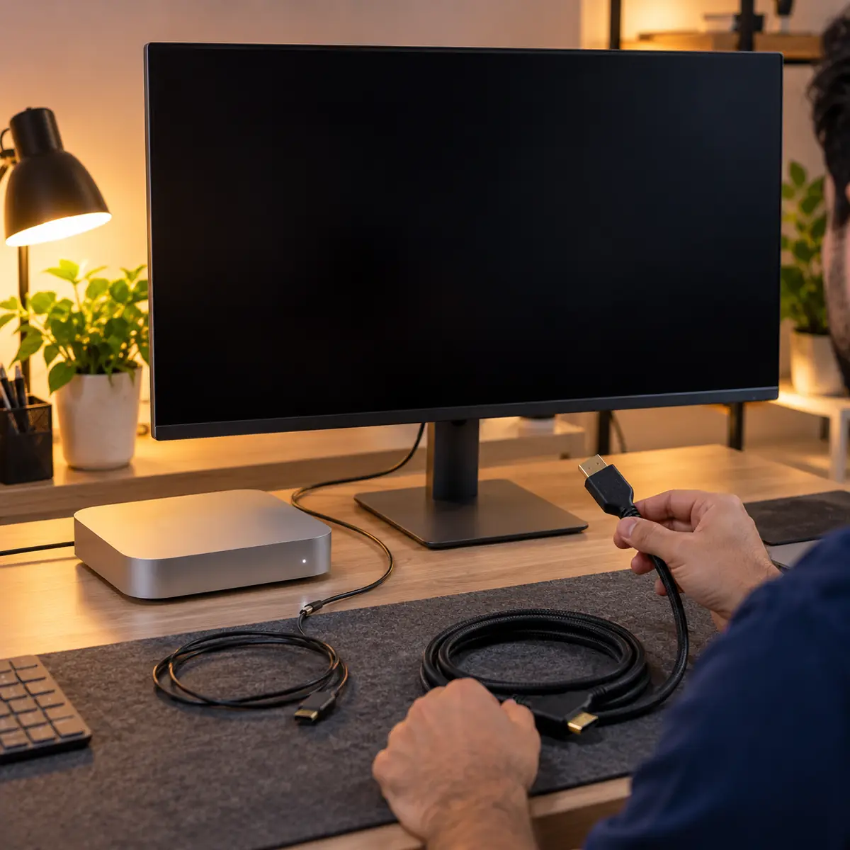 Mac mini M4 with a blacked-out external monitor and a better cable ready to swap in