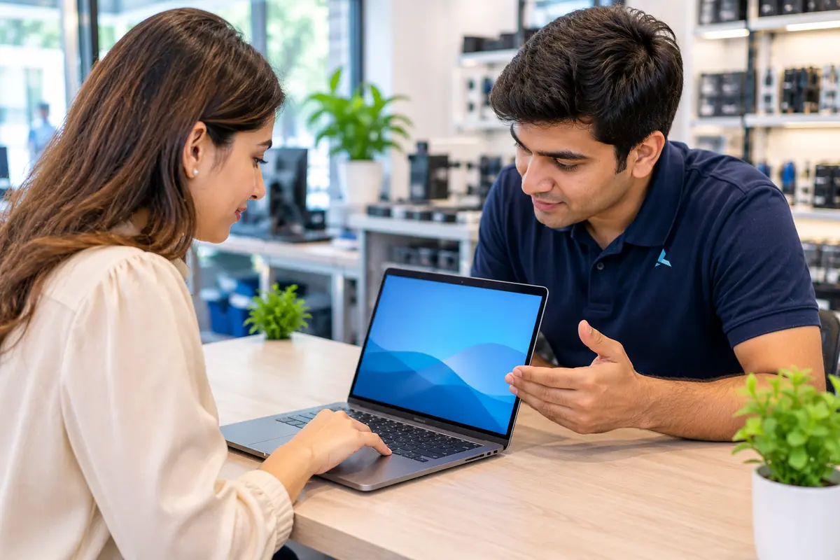 A customer showing a technician her laptop's buzzing trackpad at the counter