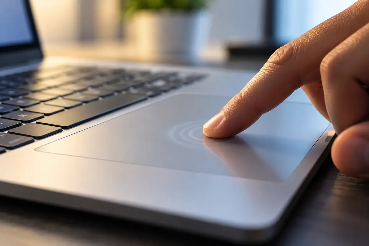 A fingertip pressing a laptop's seamless glass trackpad