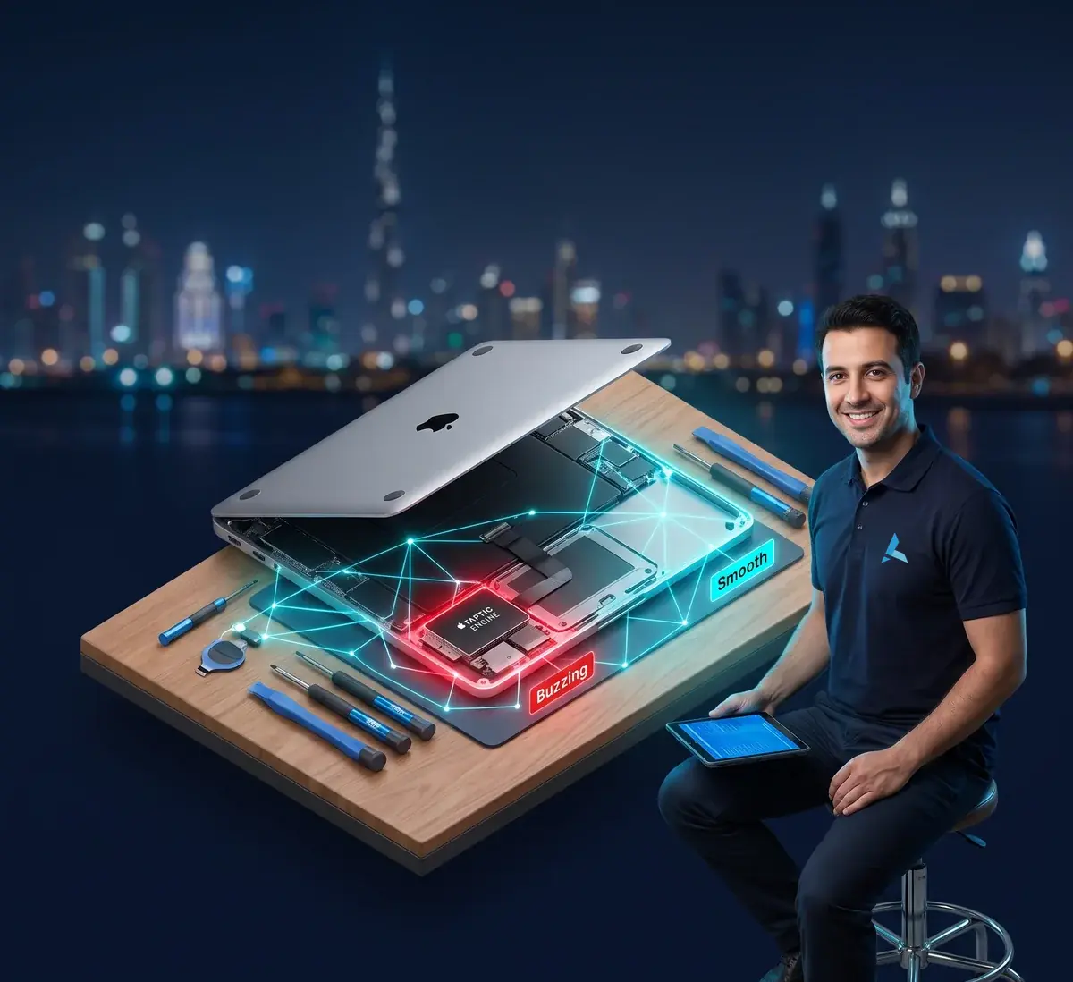 Isometric cutaway of a MacBook Air opened to expose the Taptic Engine and trackpad connector during repair at Azizi Technologies Dubai