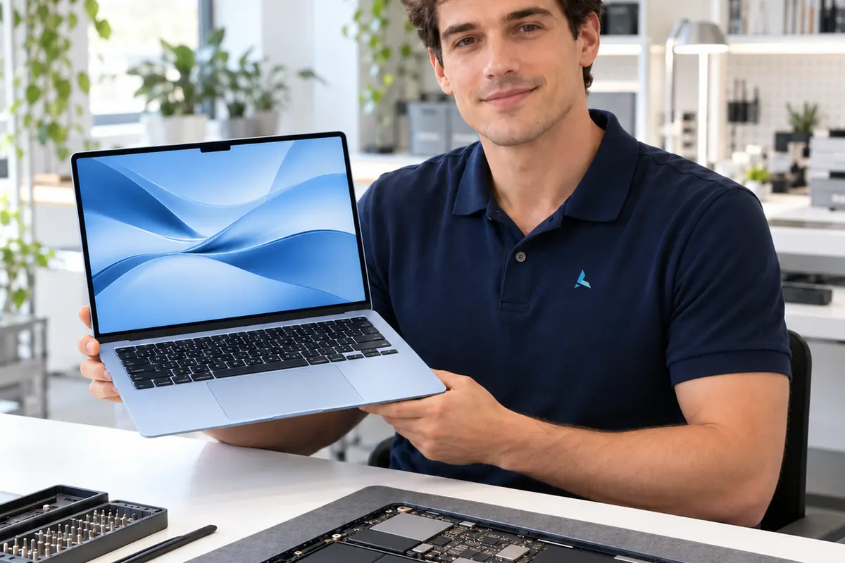 MacBook Air repair in Dubai: Azizi technician with a MacBook Air beside an opened fanless Air at the walk-in workshop