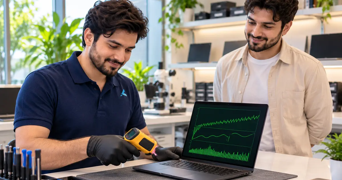 Azizi technician in Dubai load-testing a repaired MacBook Air with a heat gun thermometer while the owner watches