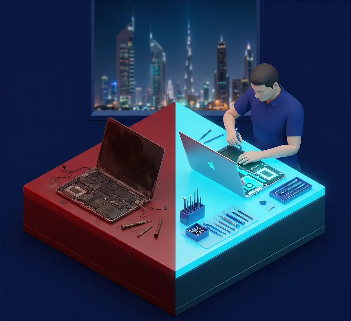 Azizi Technologies technician servicing a MacBook Air at the Dubai bench, a dead machine on one side and a restored working laptop on the other