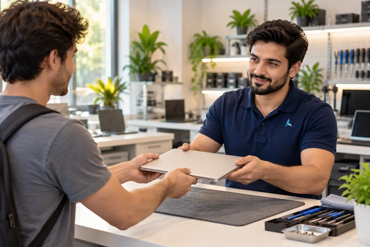 Customer handing his MacBook Air to an Azizi technician for a battery replacement at the Dubai counter