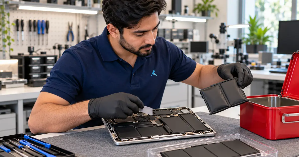 Azizi technician lifting a swollen battery out of a MacBook towards a fire-safe box, the new battery ready in a tray