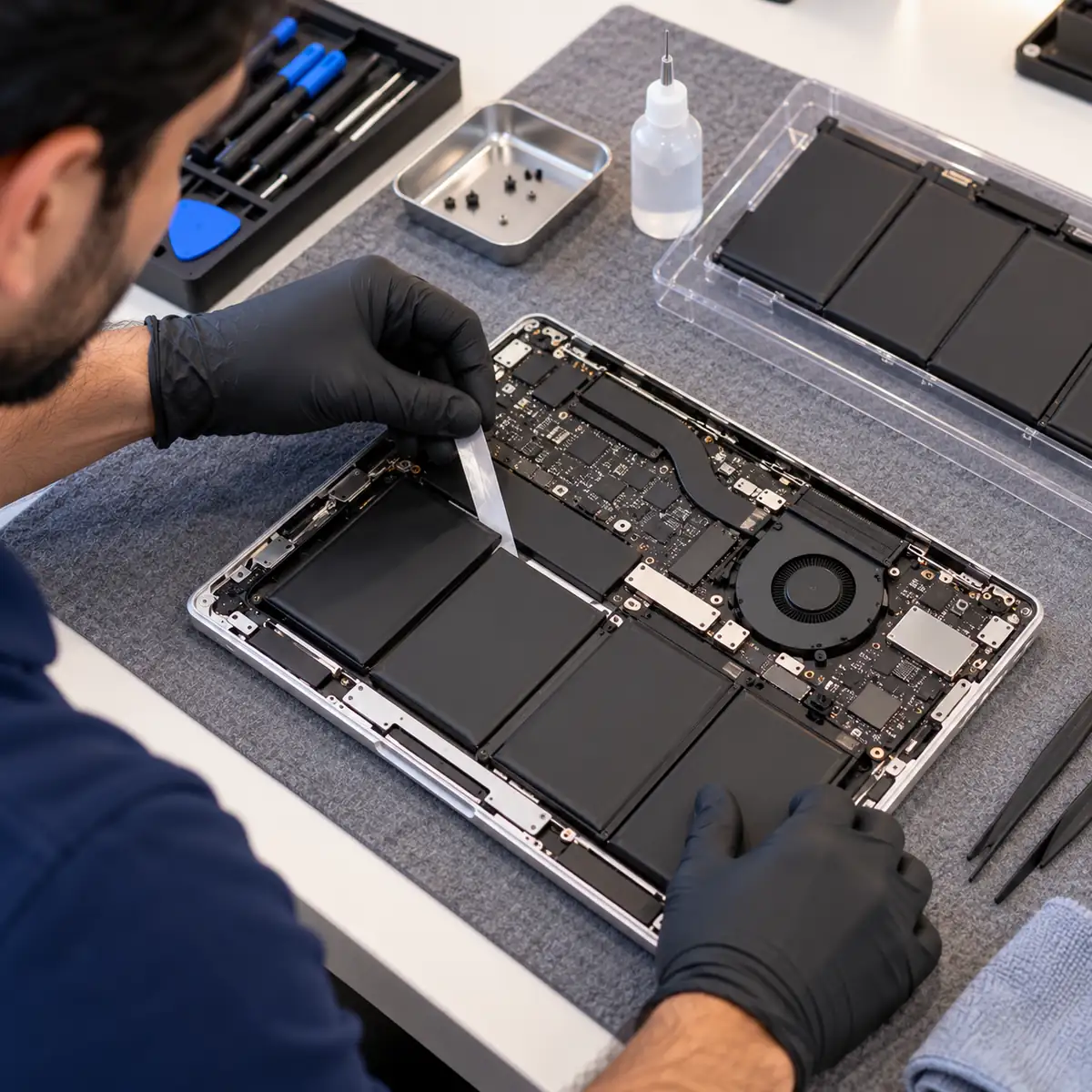 MacBook battery replacement in Dubai: gloved Azizi technician peeling the adhesive strip from a MacBook battery