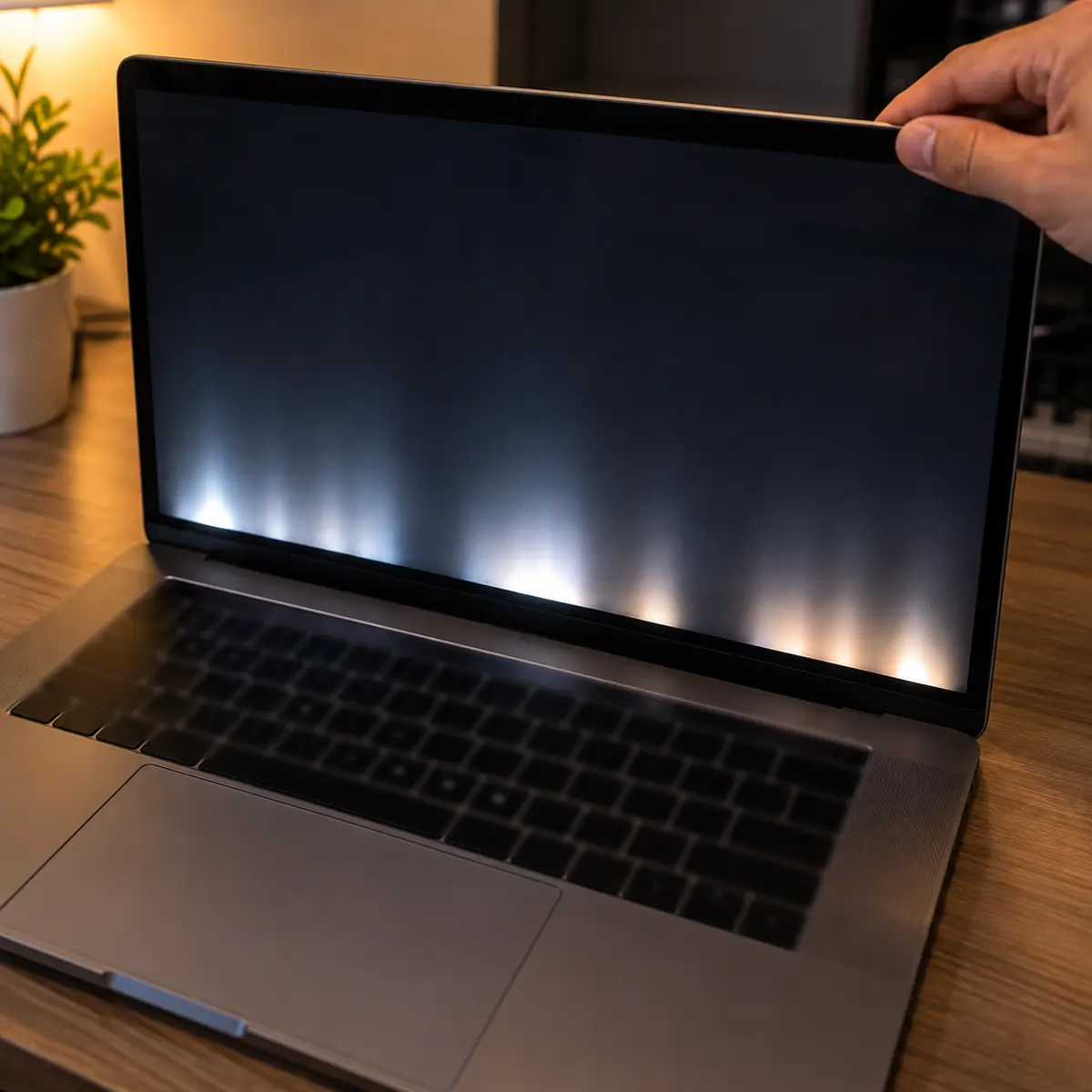 2016-2019 MacBook Pro showing the Flexgate stage-light effect along the bottom of the screen as the lid opens
