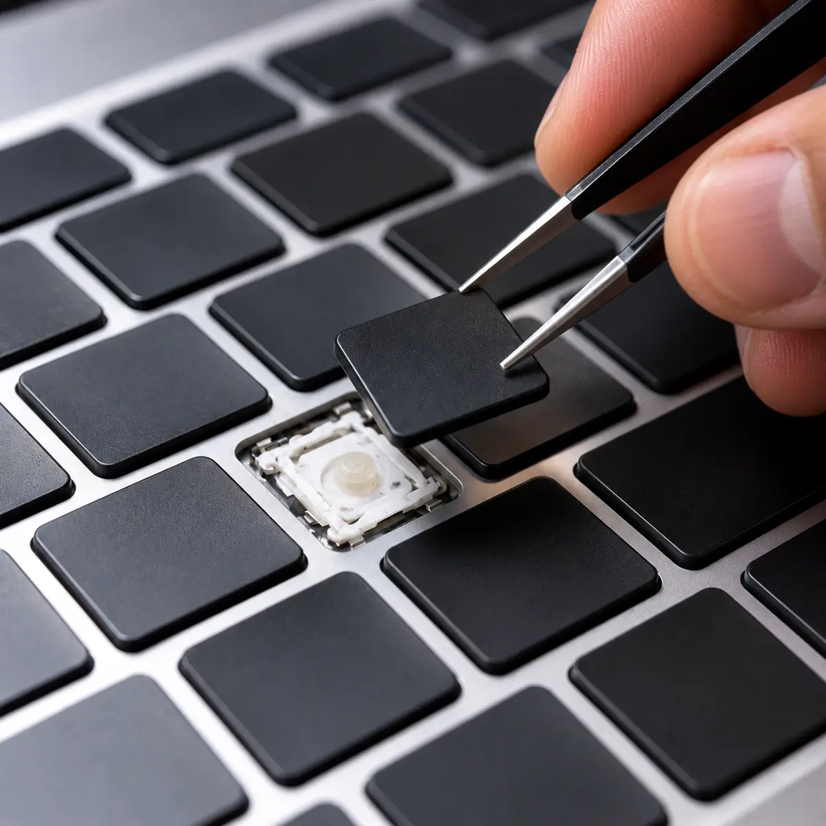 MacBook keyboard replacement in Dubai: tweezers lowering a new keycap onto the exposed scissor clip of a MacBook keyboard