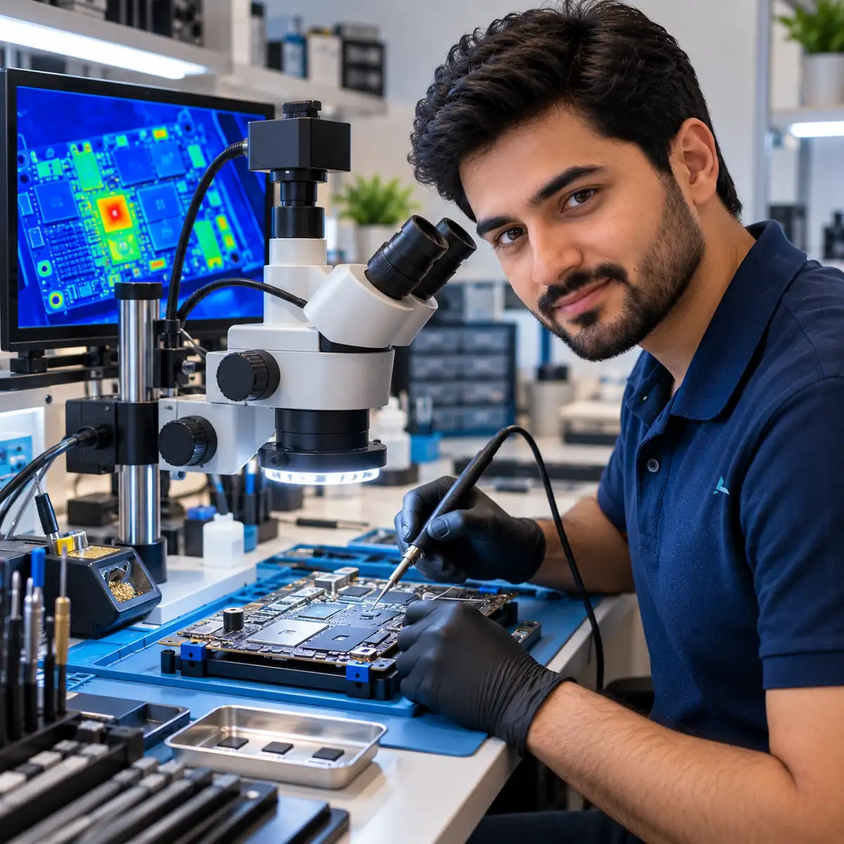 MacBook logic board repair in Dubai: Azizi technician micro-soldering a board under a microscope beside a thermal image