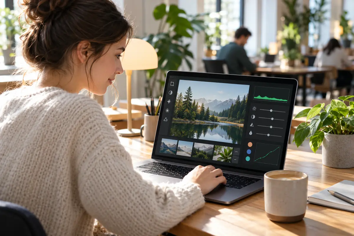 Designer editing photos on a MacBook Pro with memory pressure staying low