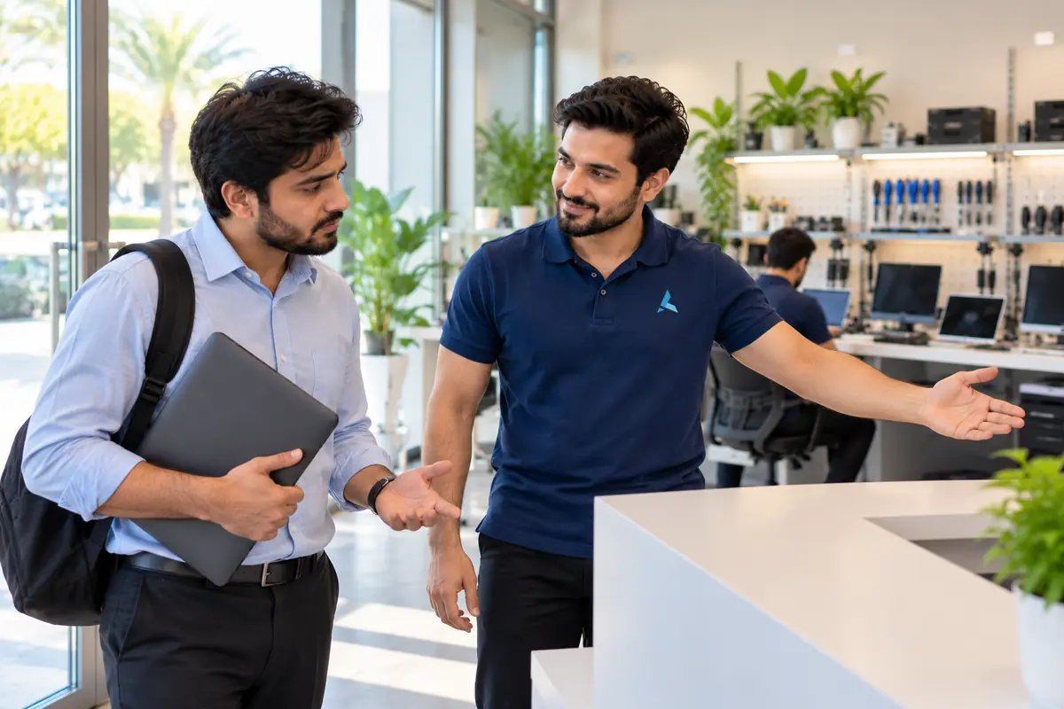Azizi technician welcoming a walk-in customer with a dead MacBook Pro at the Dubai workshop