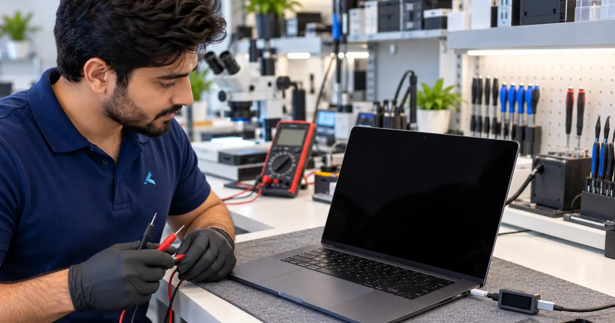 Azizi technician testing a dead MacBook Pro with multimeter probes and a USB-C power meter