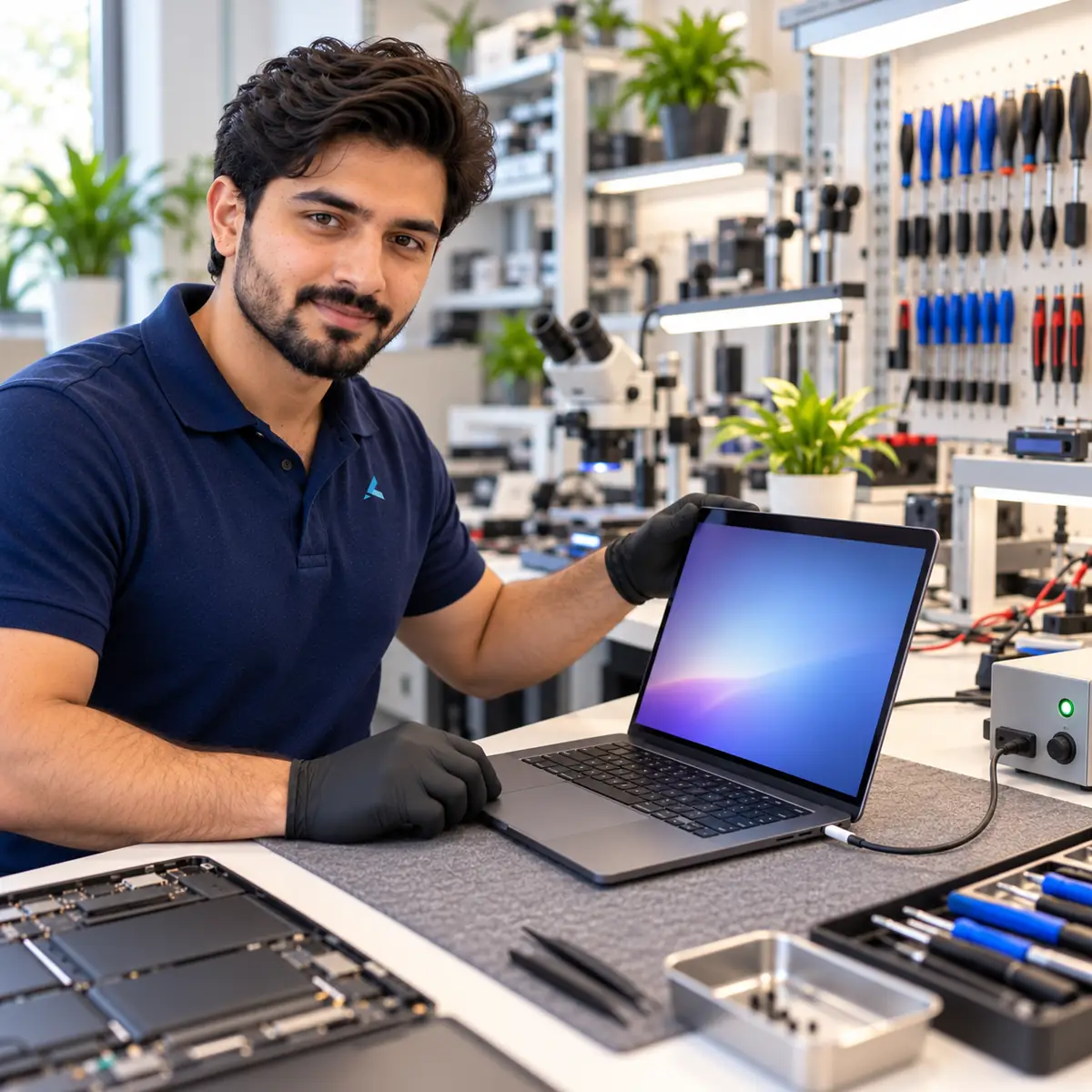 MacBook not turning on, fixed in Dubai: Azizi technician beside a MacBook Pro powering back on from a bench supply